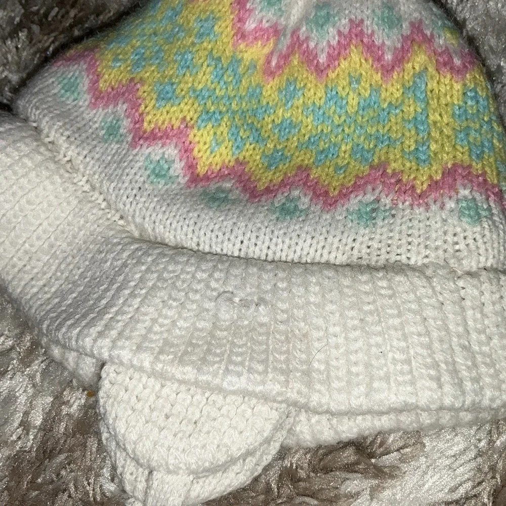 Vintage 80s Baby Kids Toddler Girls Hat Winter Pastel White Pink Yellow Knit